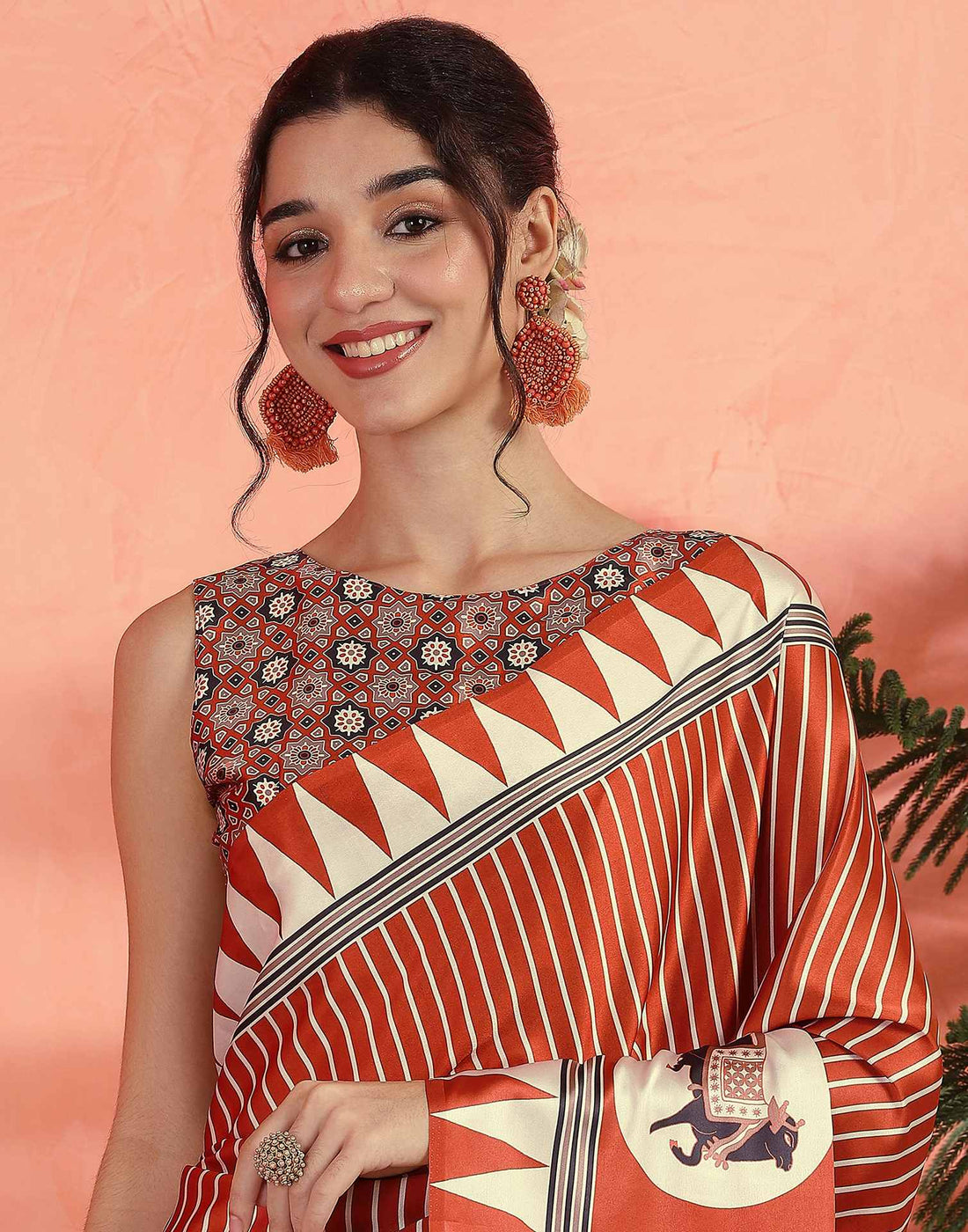 Orange Satin Printed Saree