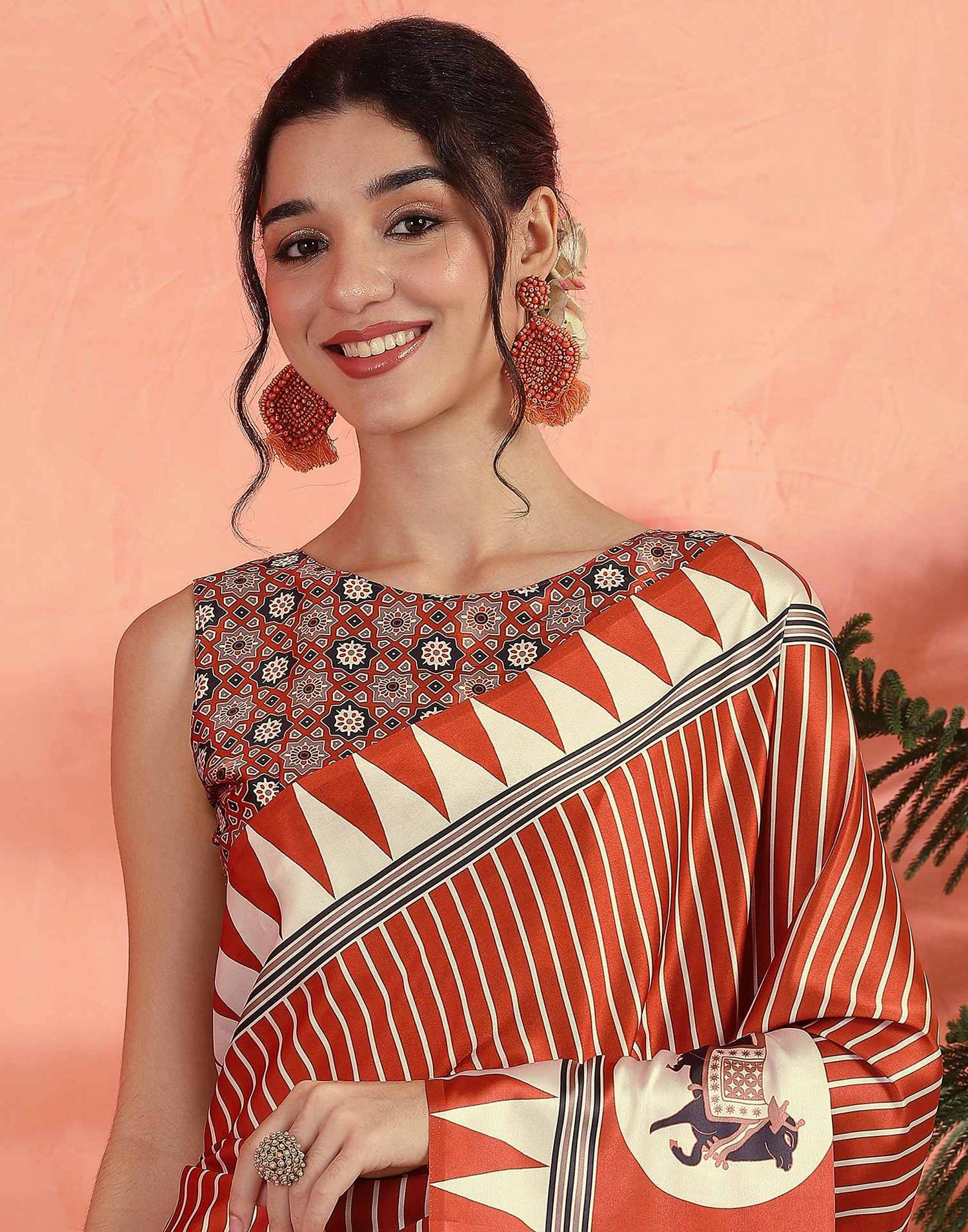 Orange Satin Printed Saree