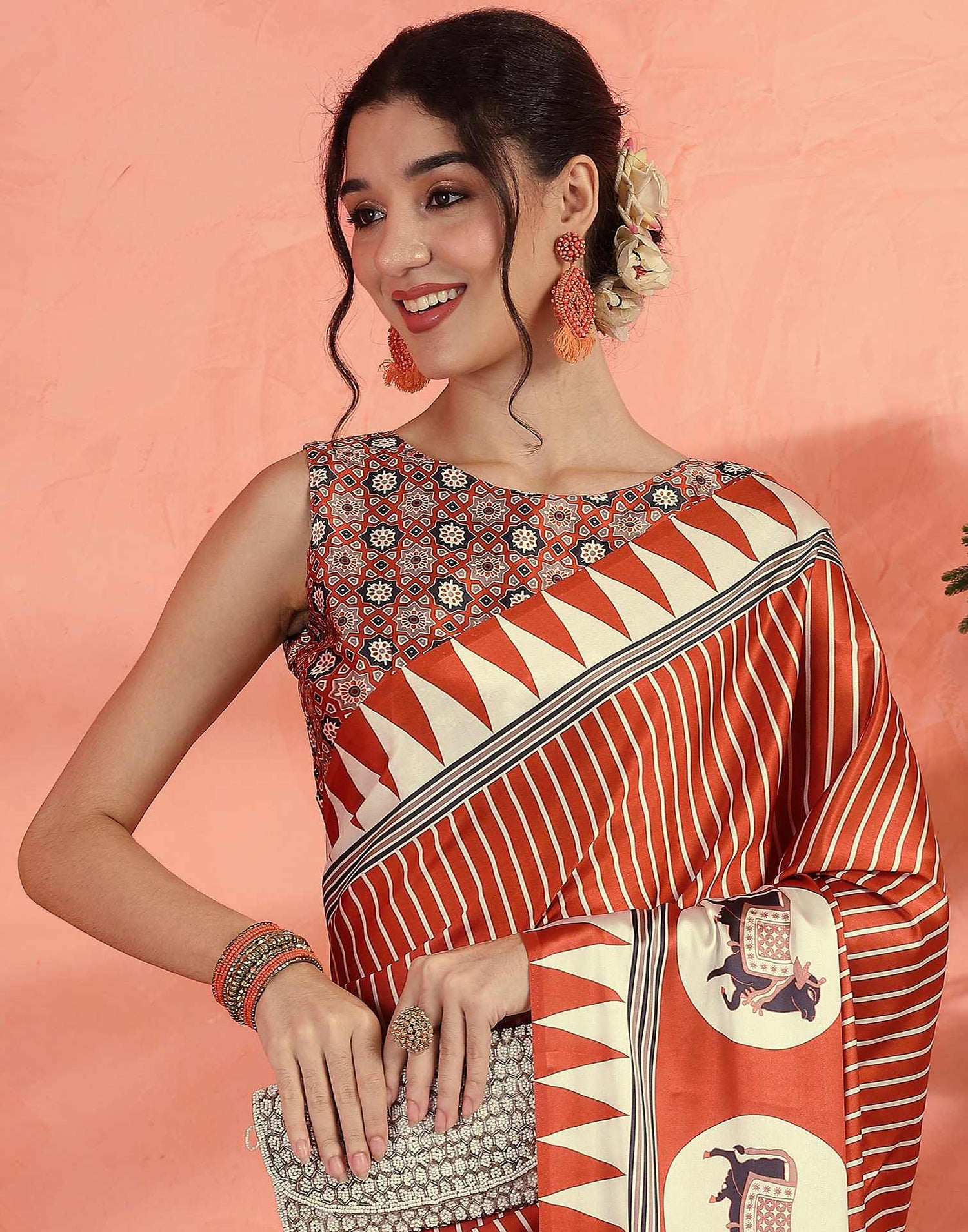 Orange Satin Printed Saree