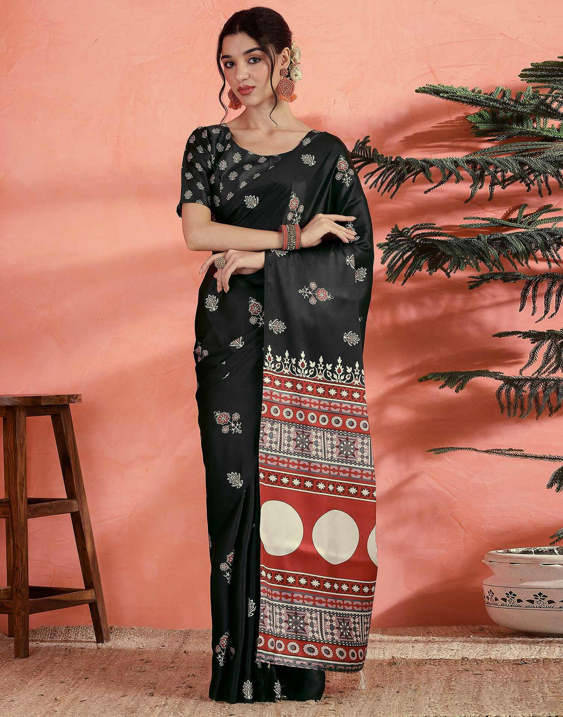 Black Satin Printed Saree