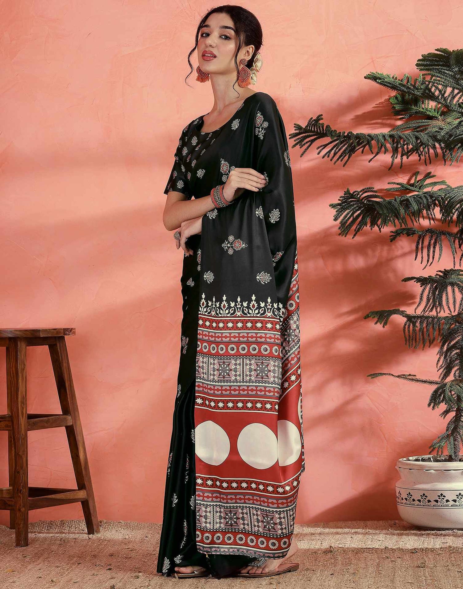 Black Satin Printed Saree