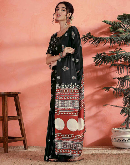 Black Satin Printed Saree