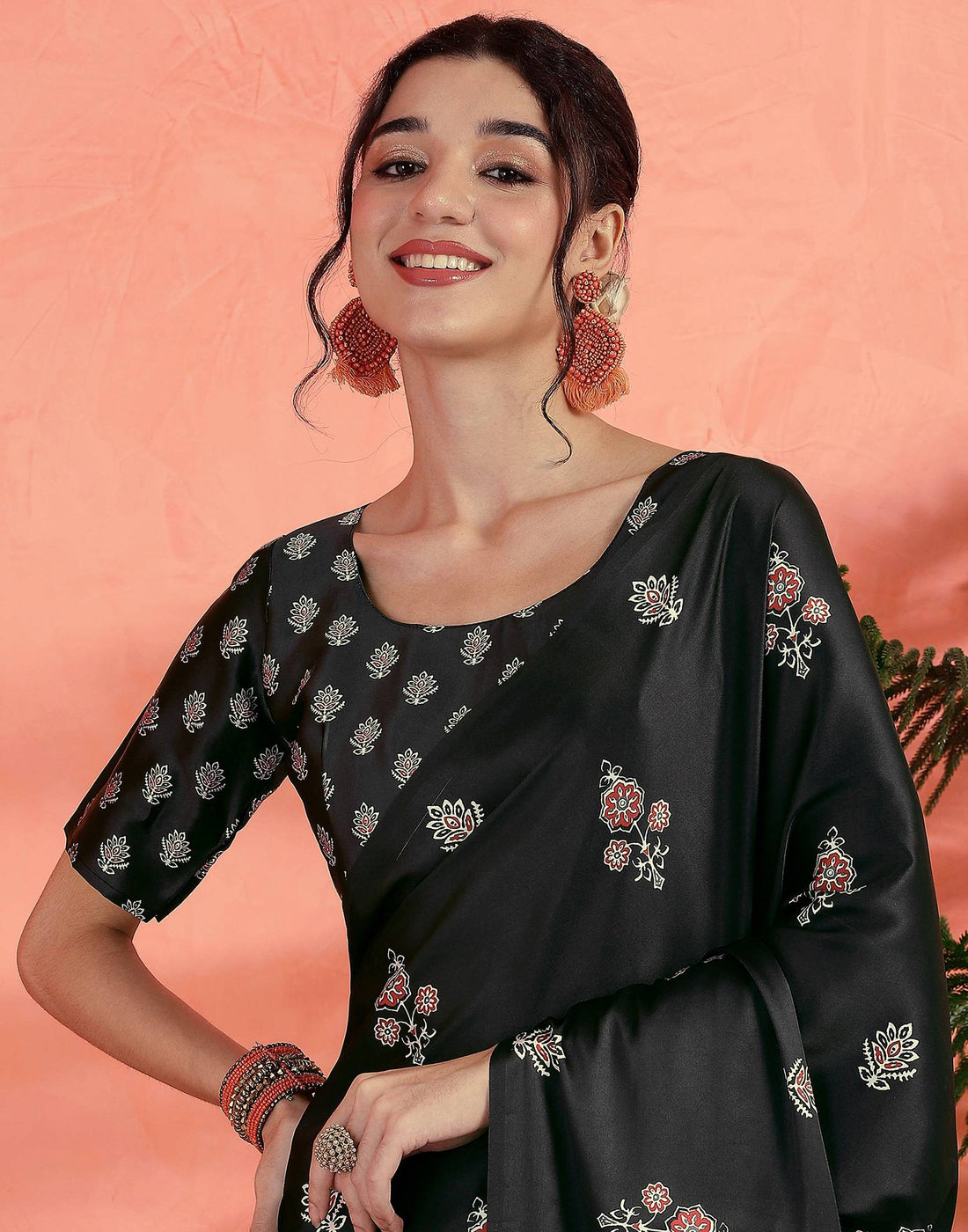 Black Satin Printed Saree