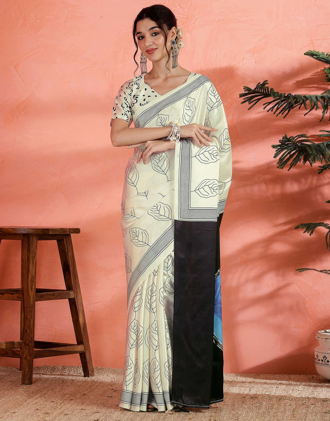 Off White Satin Printed Saree