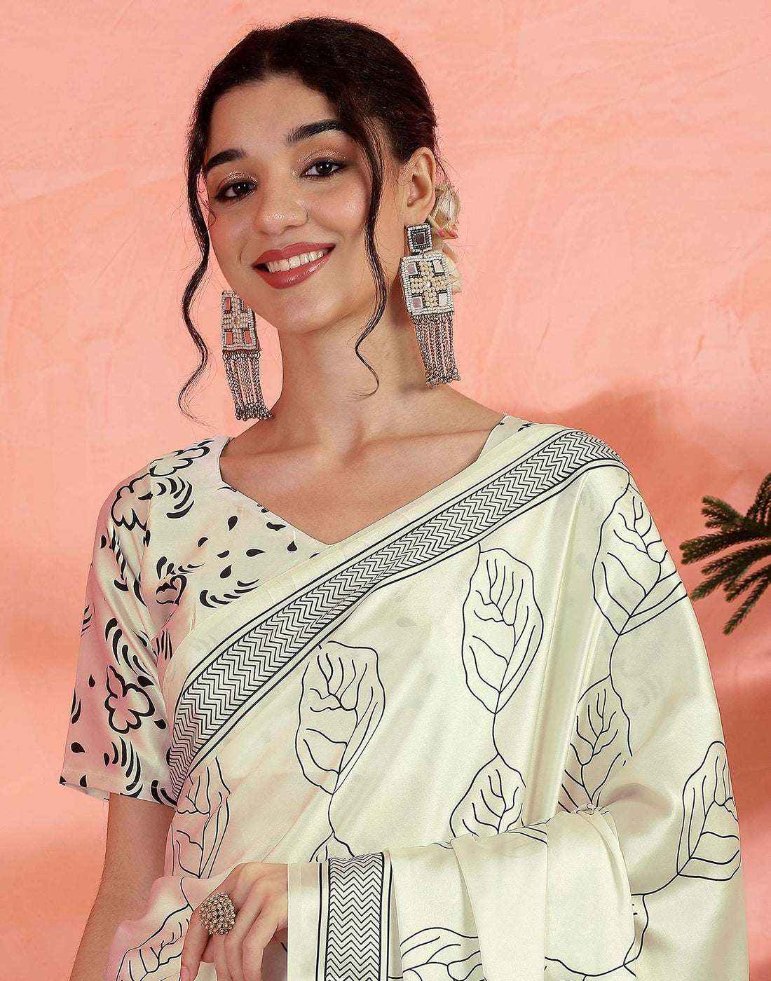 Off White Satin Printed Saree