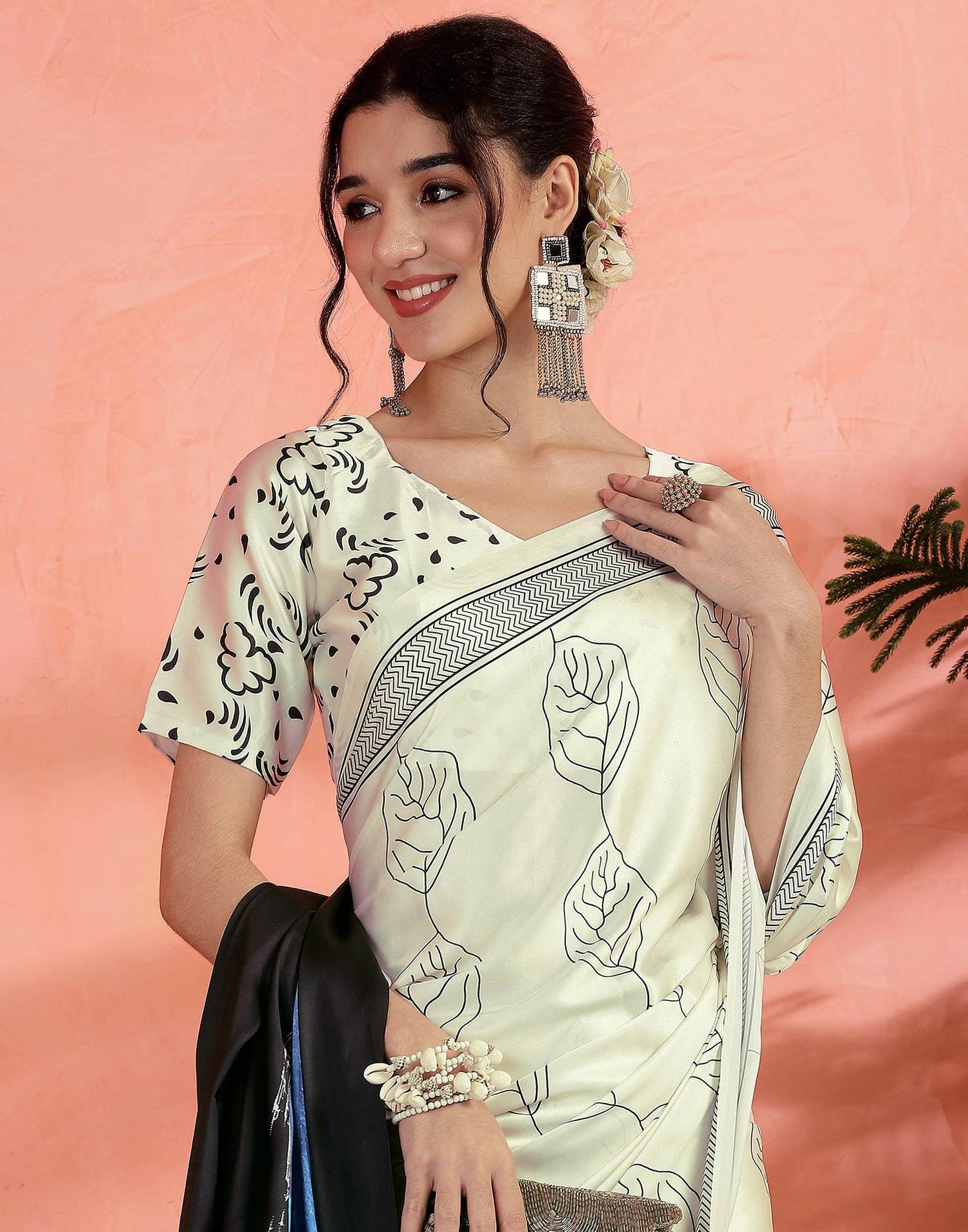 Off White Satin Printed Saree