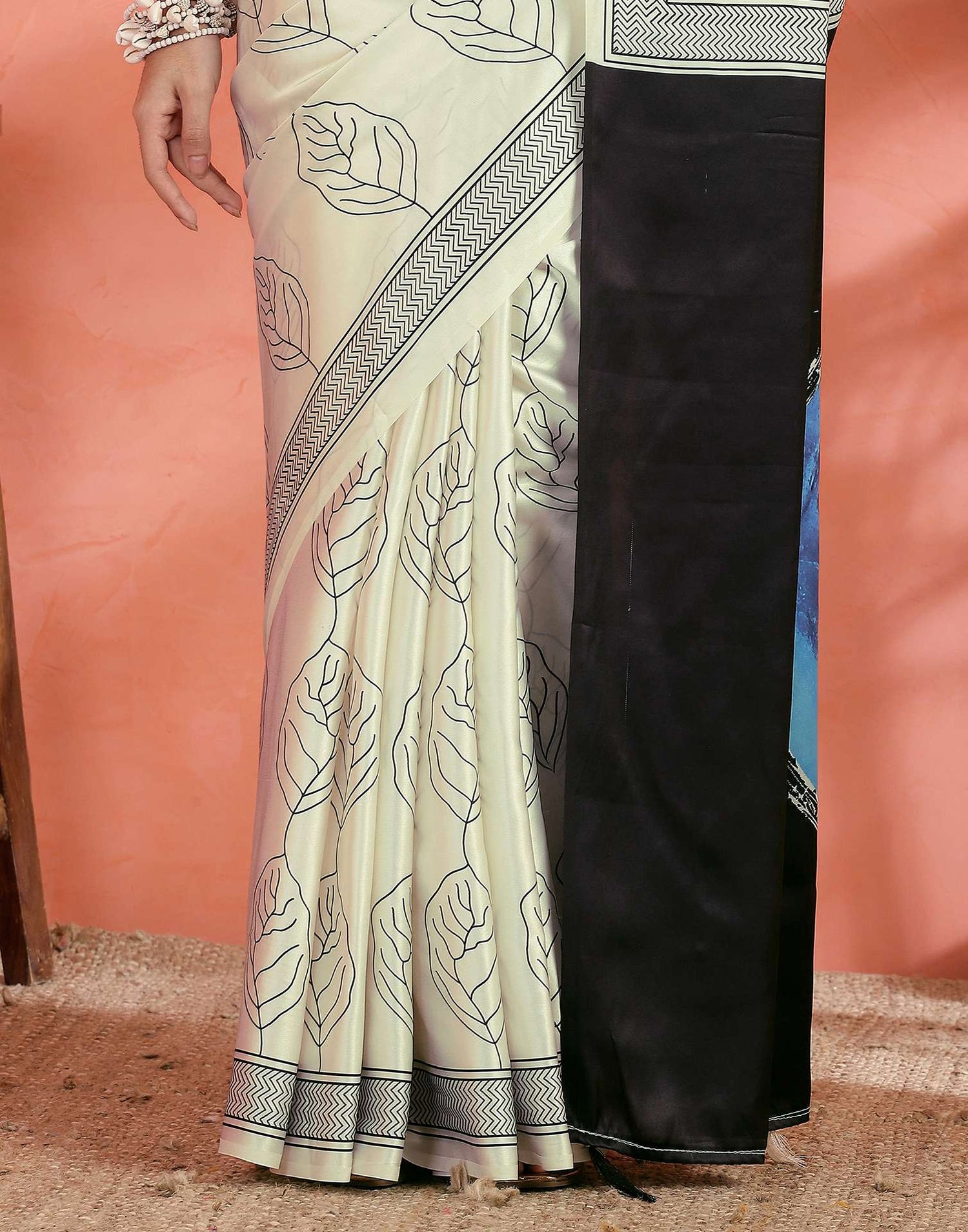 Off White Satin Printed Saree