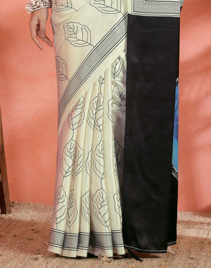 Off White Satin Printed Saree
