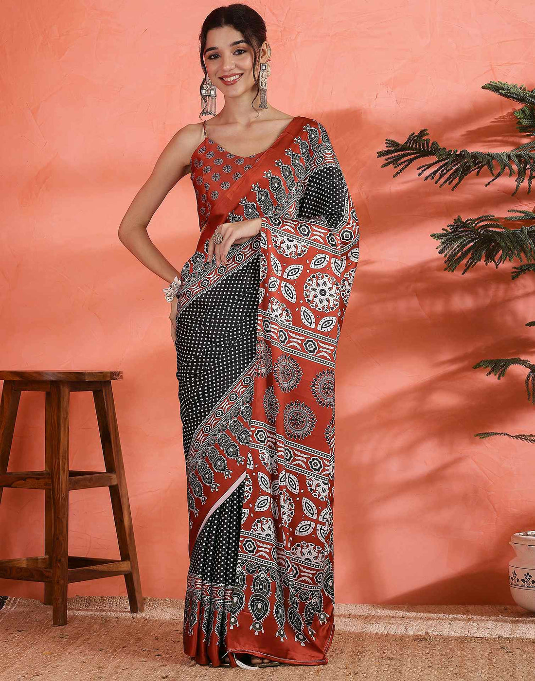 Black Satin Printed Saree