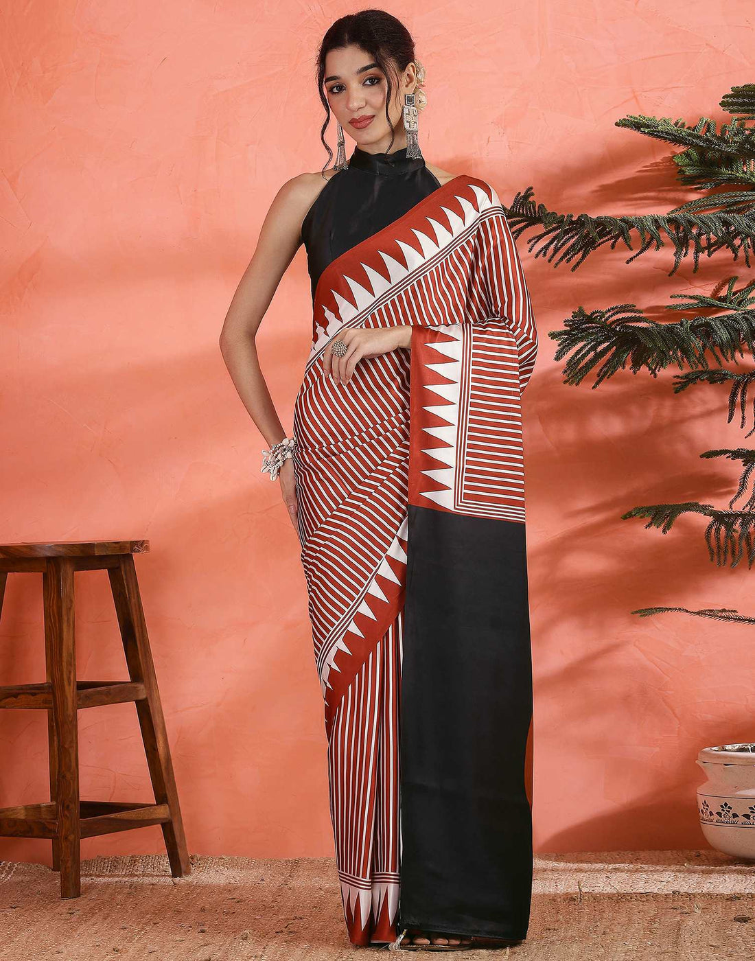 Brown Satin Printed Saree