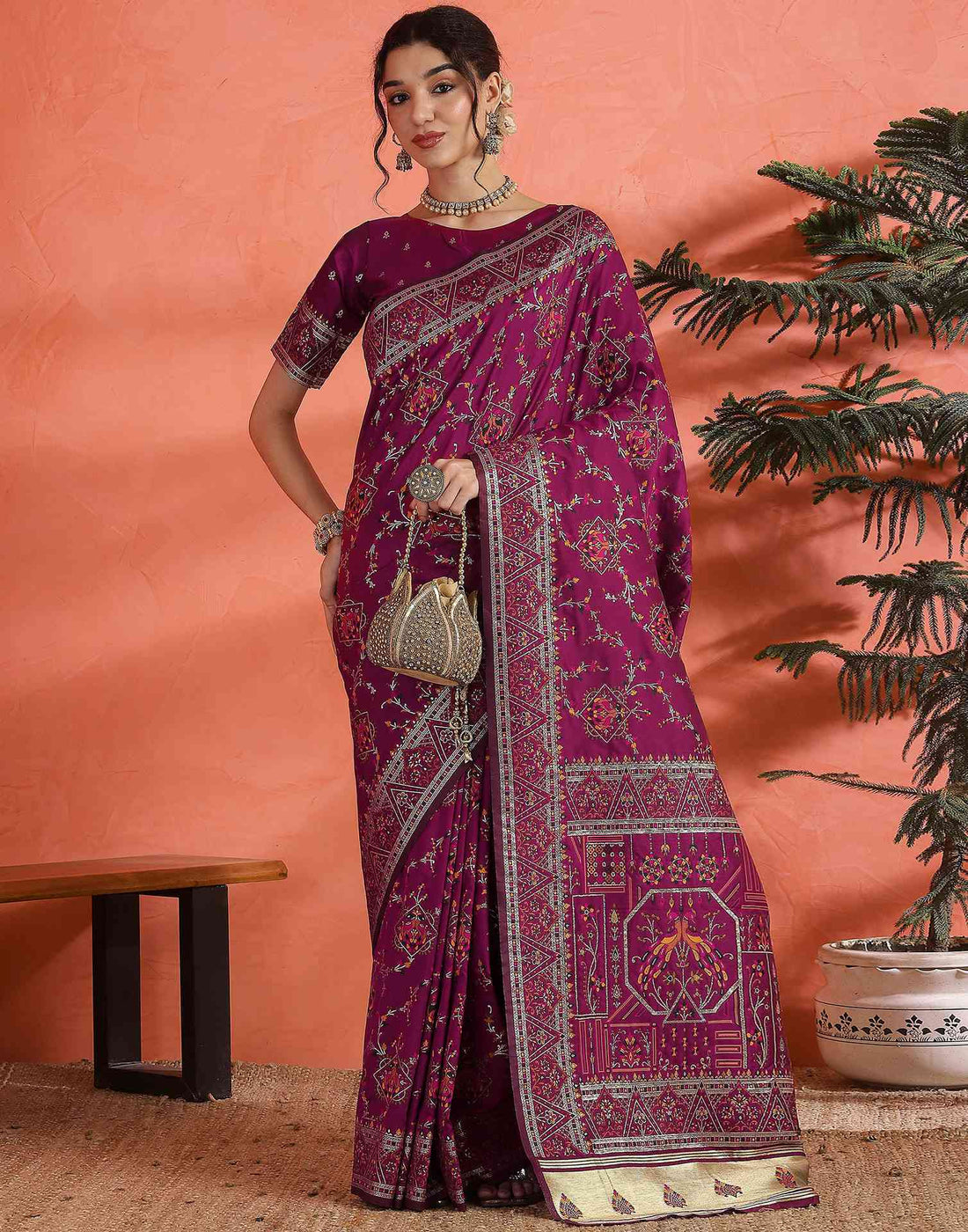 Dark Rani Pink Silk Woven Saree