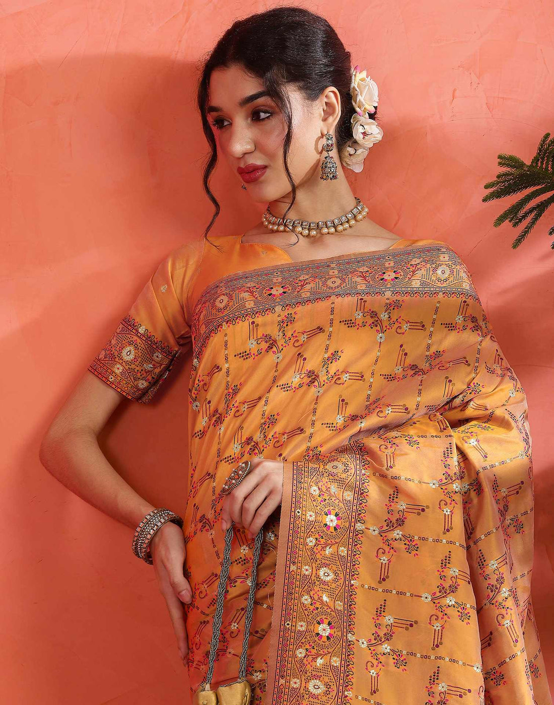 Pastel Orange Silk Woven Saree