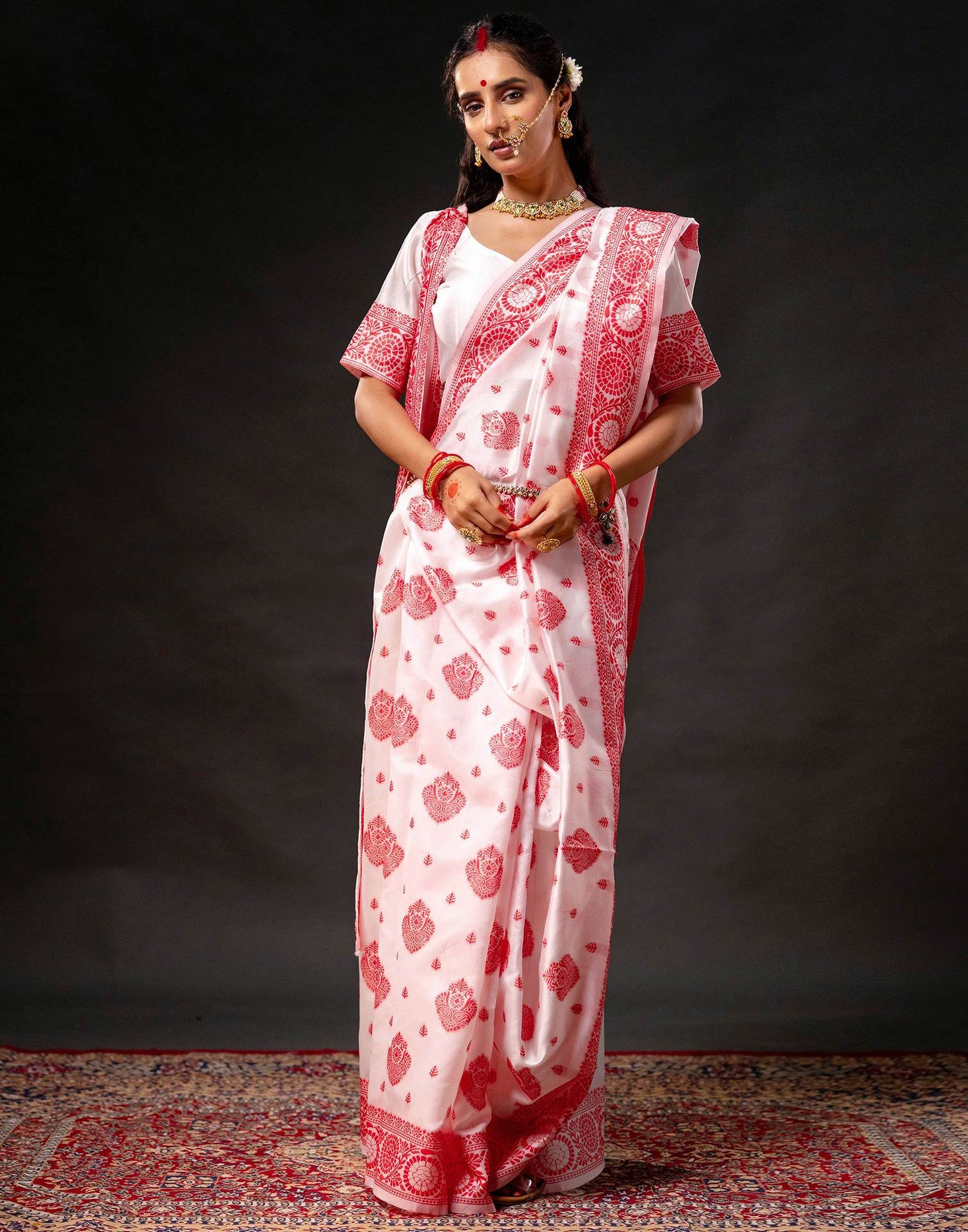 White Silk Woven Durga Puja Saree