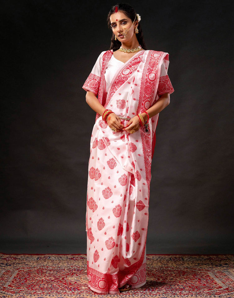 White Silk Woven Durga Puja Saree