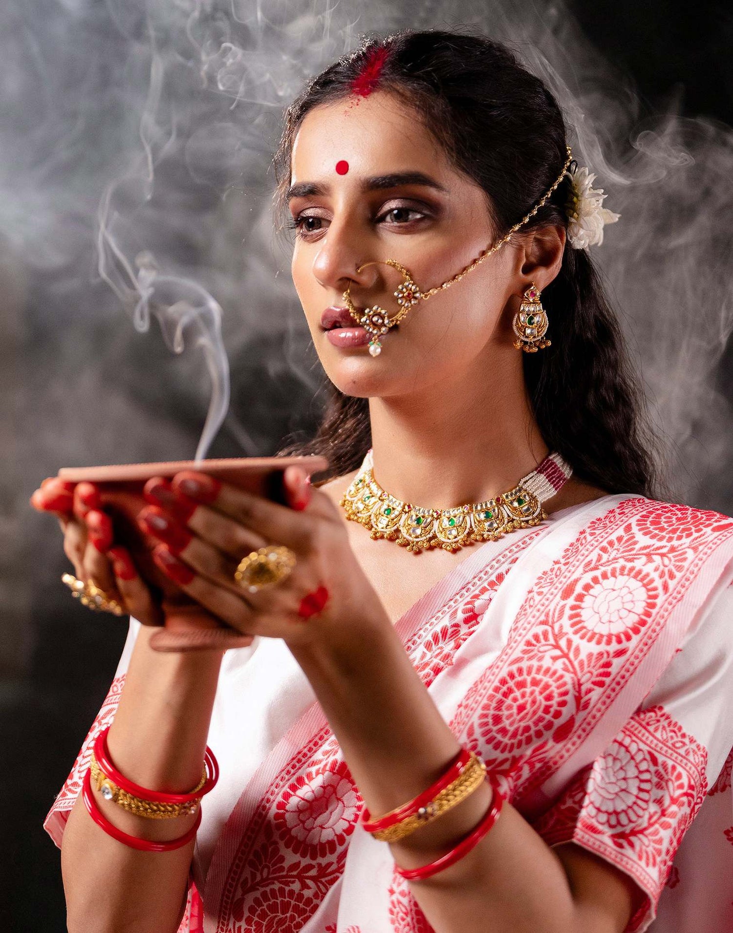 White Silk Woven Durga Puja Saree