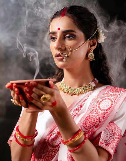 White Silk Woven Durga Puja Saree