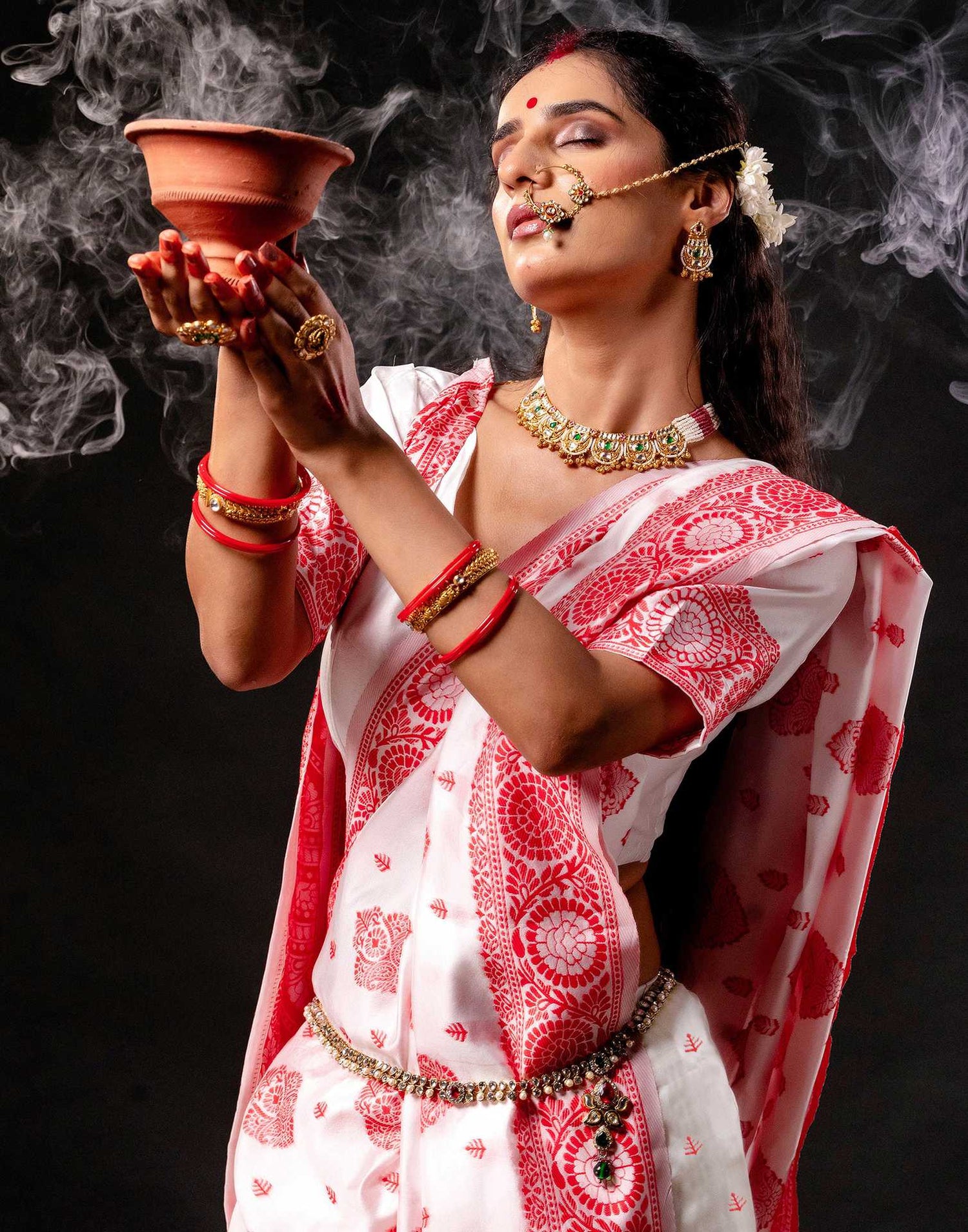 White Silk Woven Durga Puja Saree