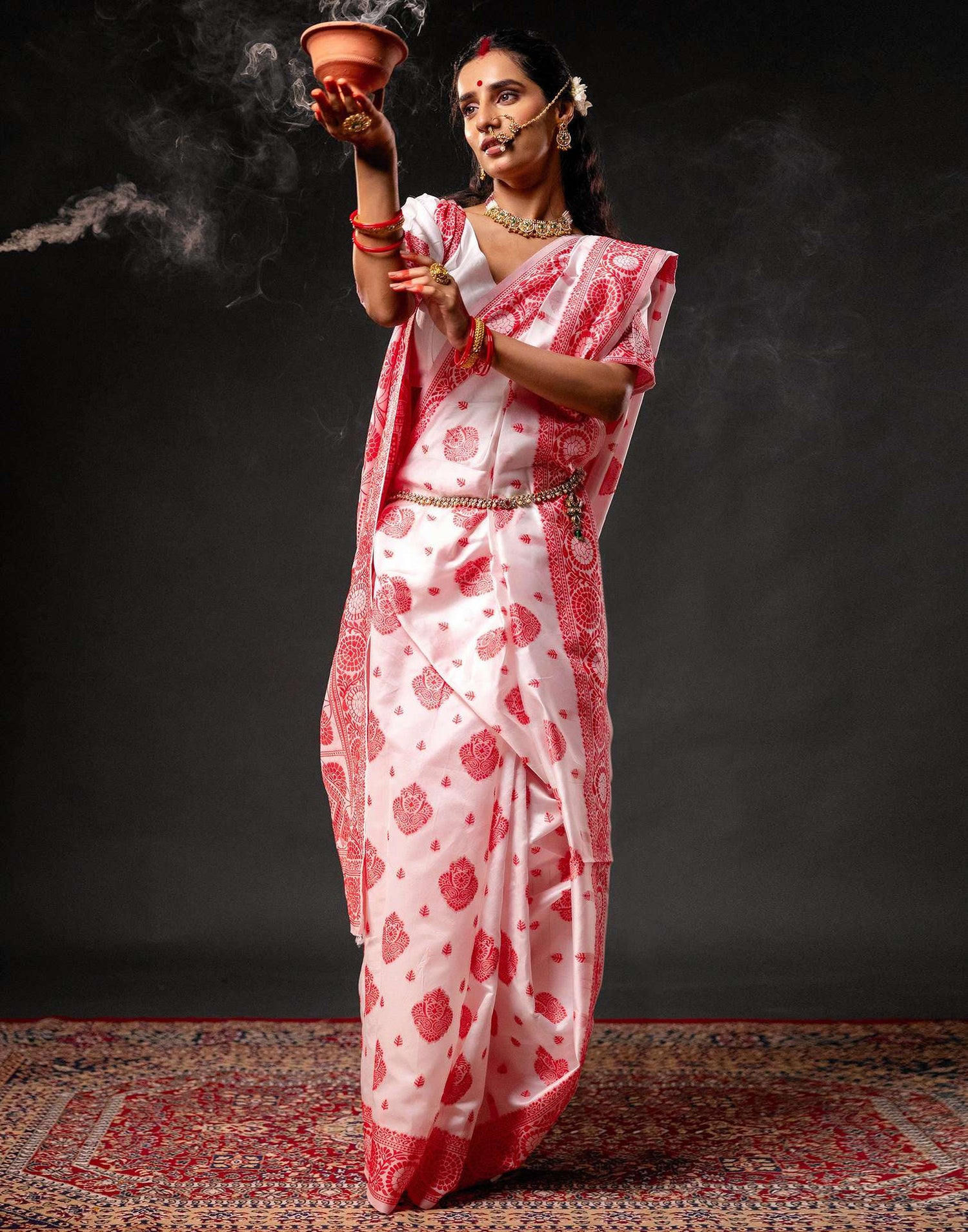 White Silk Woven Durga Puja Saree
