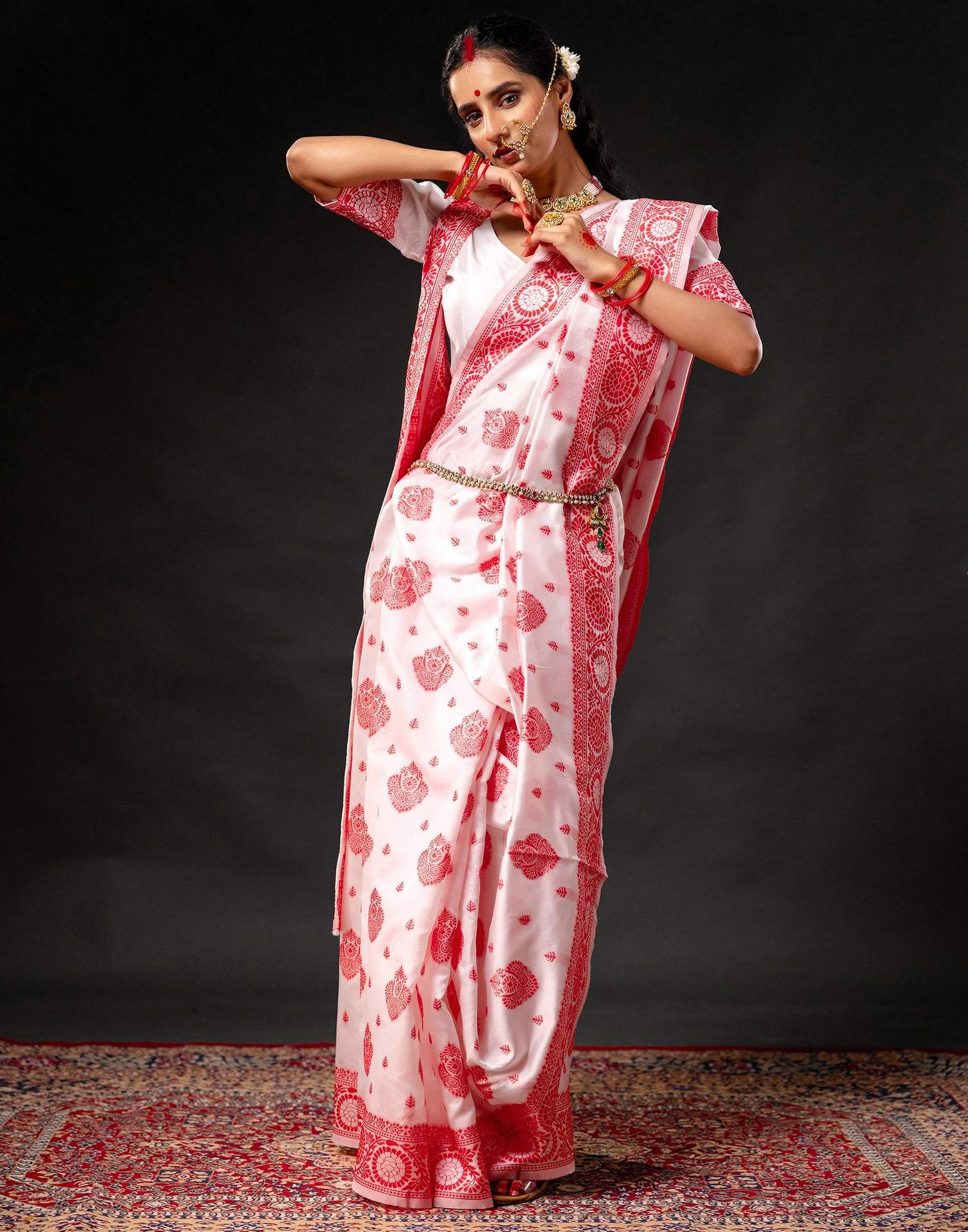 White Silk Woven Durga Puja Saree