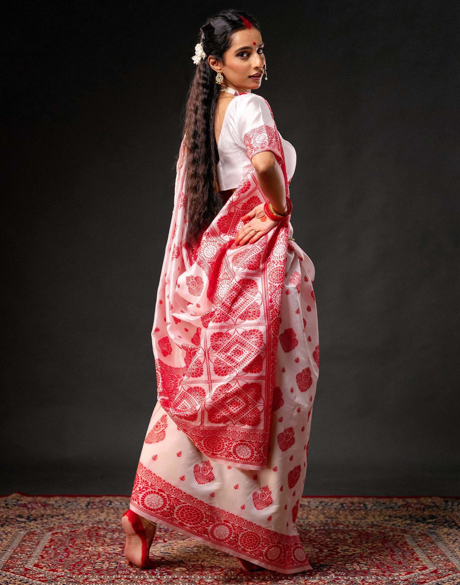 White Silk Woven Durga Puja Saree
