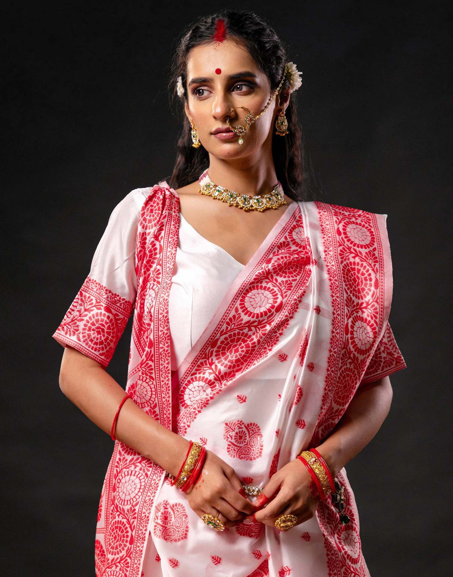 White Silk Woven Durga Puja Saree