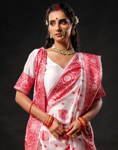 White Silk Woven Durga Puja Saree