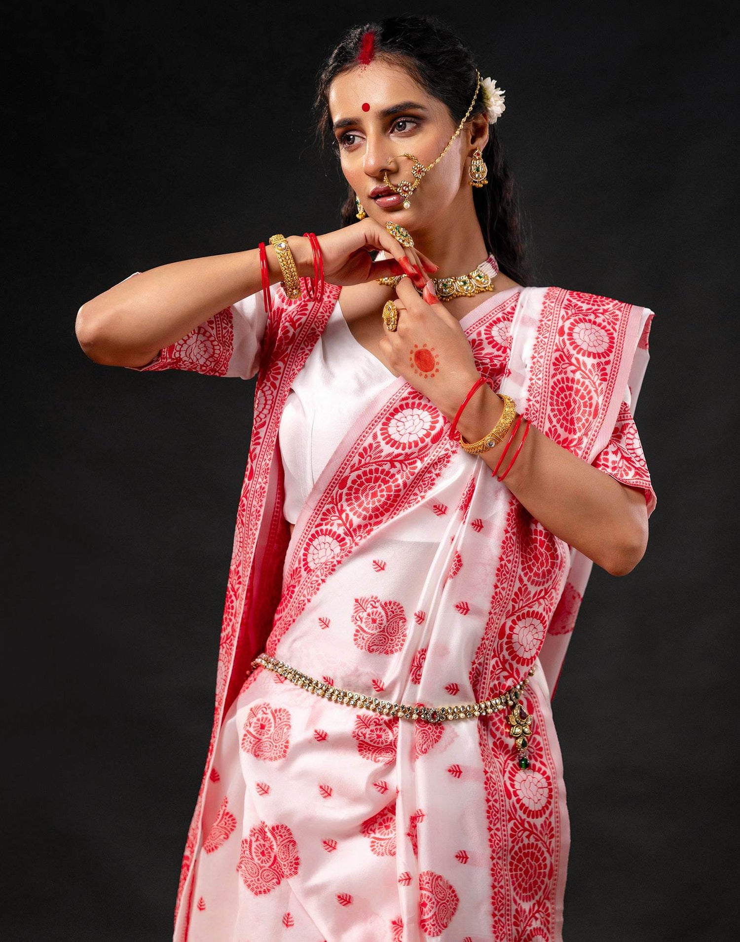 White Silk Woven Durga Puja Saree