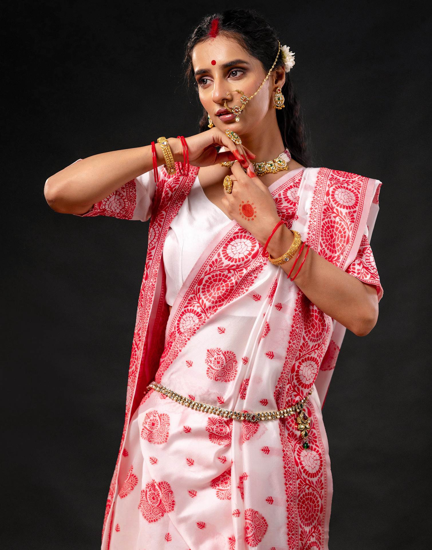 White Silk Woven Durga Puja Saree