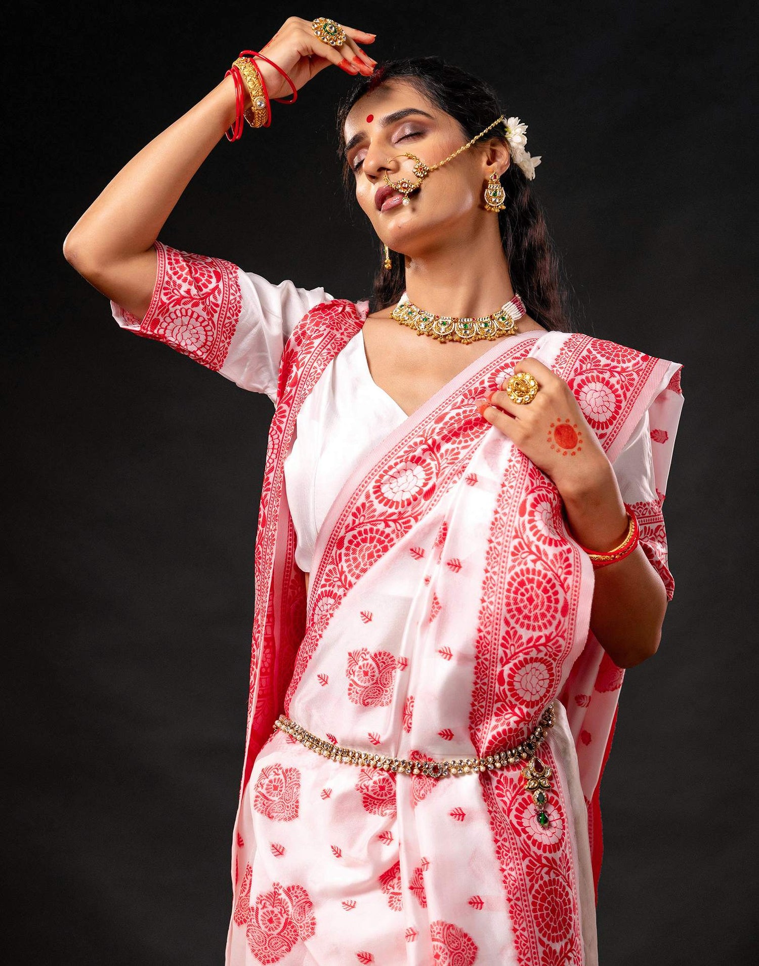 White Silk Woven Durga Puja Saree