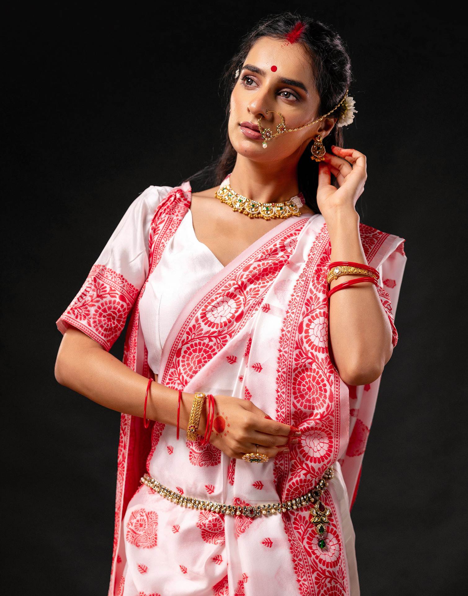 White Silk Woven Durga Puja Saree