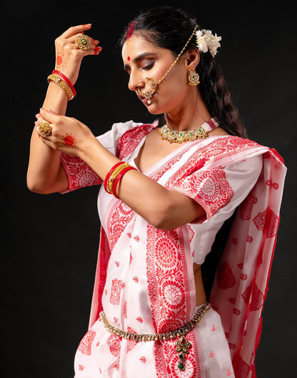 White Silk Woven Durga Puja Saree