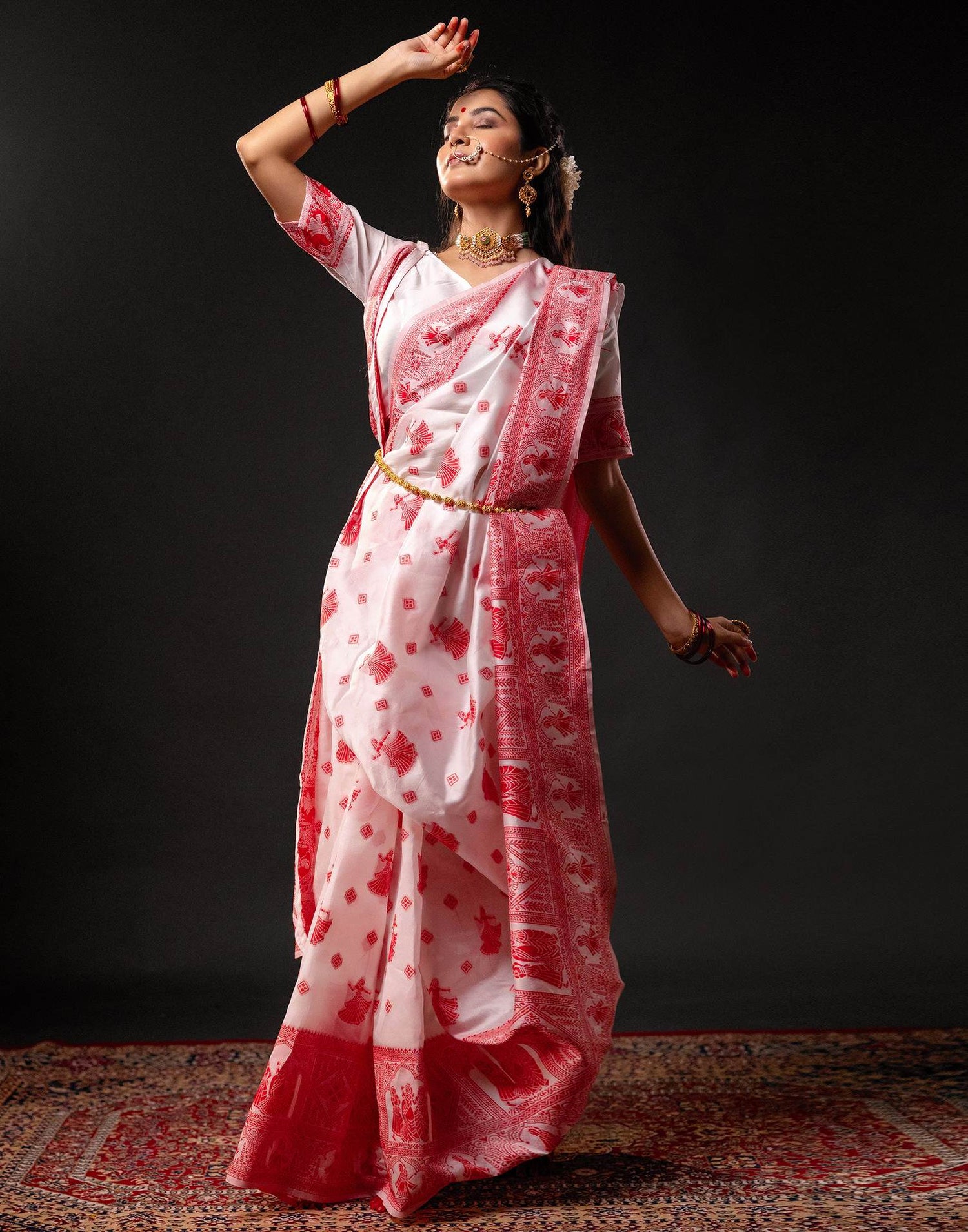 White Silk Woven Durga Puja Saree