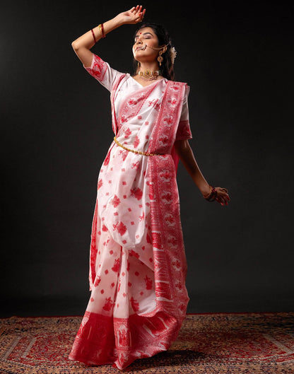 White Silk Woven Durga Puja Saree