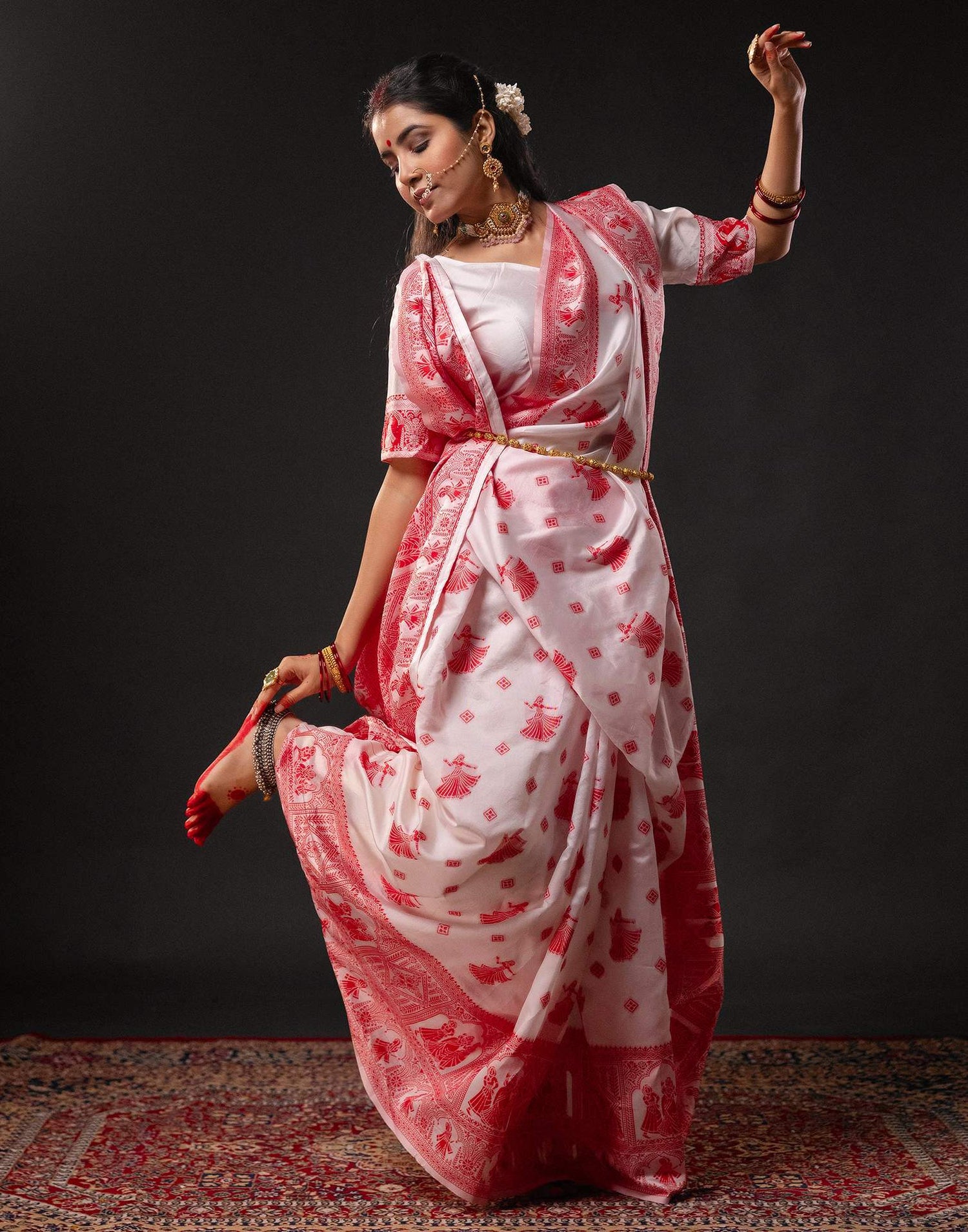 White Silk Woven Durga Puja Saree