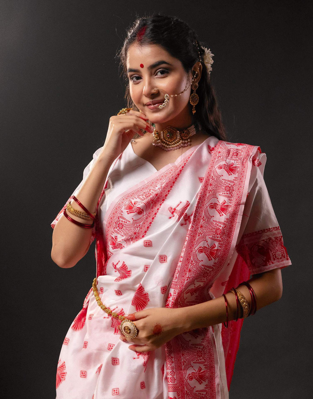White Silk Woven Durga Puja Saree