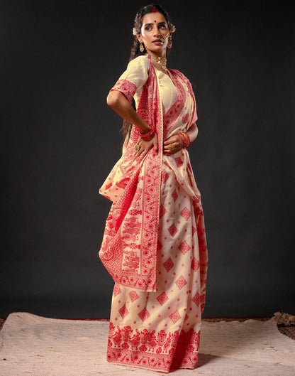 Cream Silk Woven Durga Puja Saree
