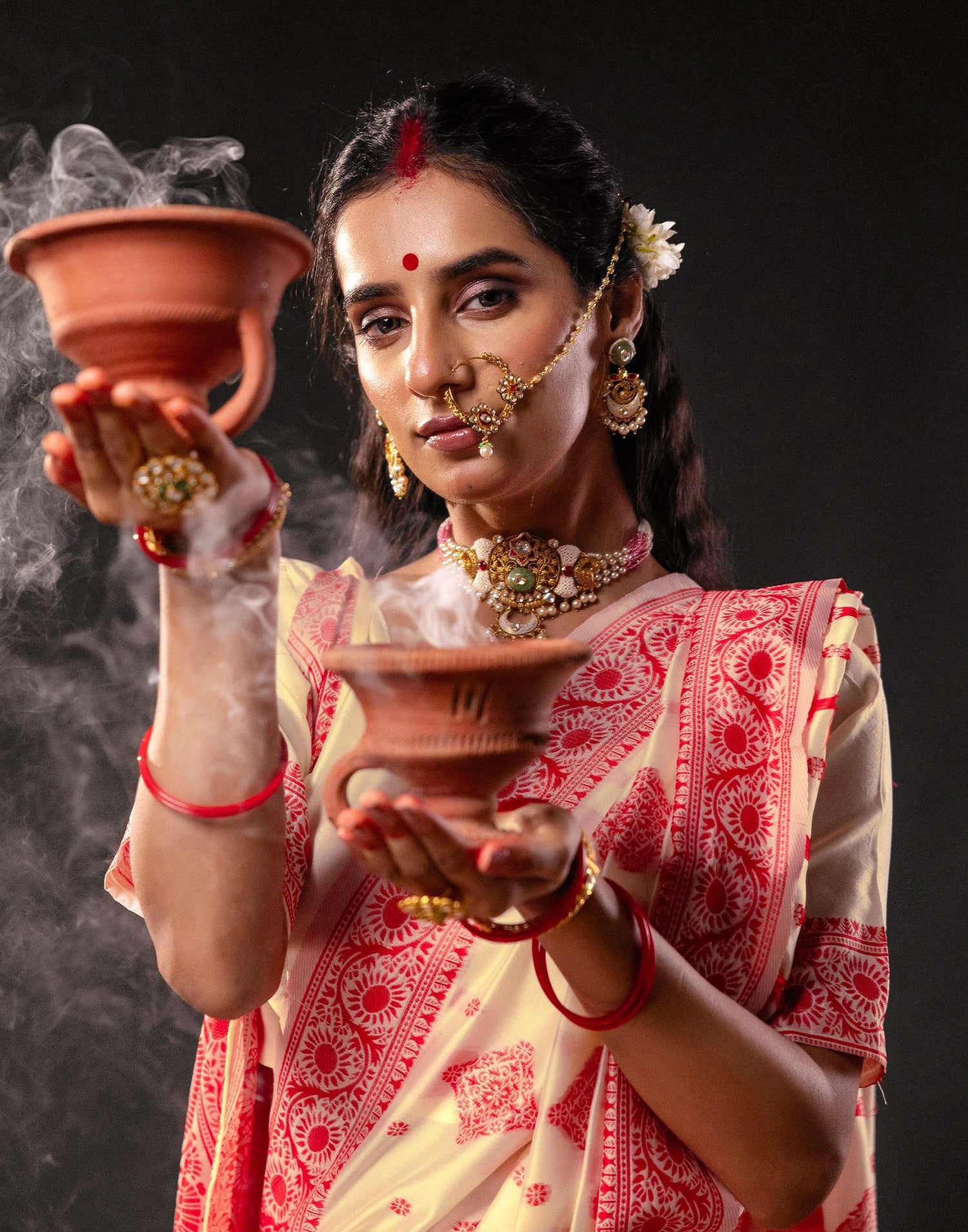 Cream Silk Woven Durga Puja Saree