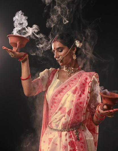 Cream Silk Woven Durga Puja Saree