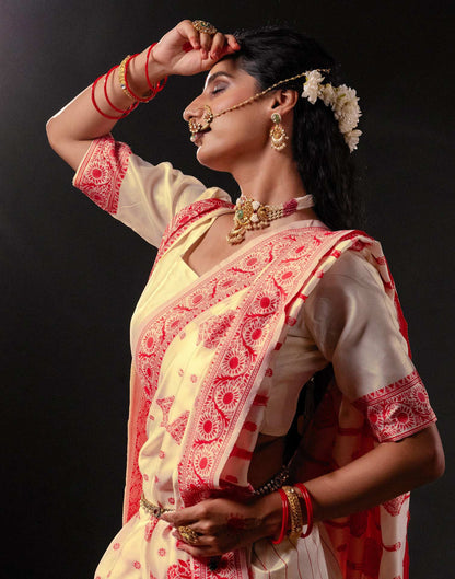 Cream Silk Woven Durga Puja Saree