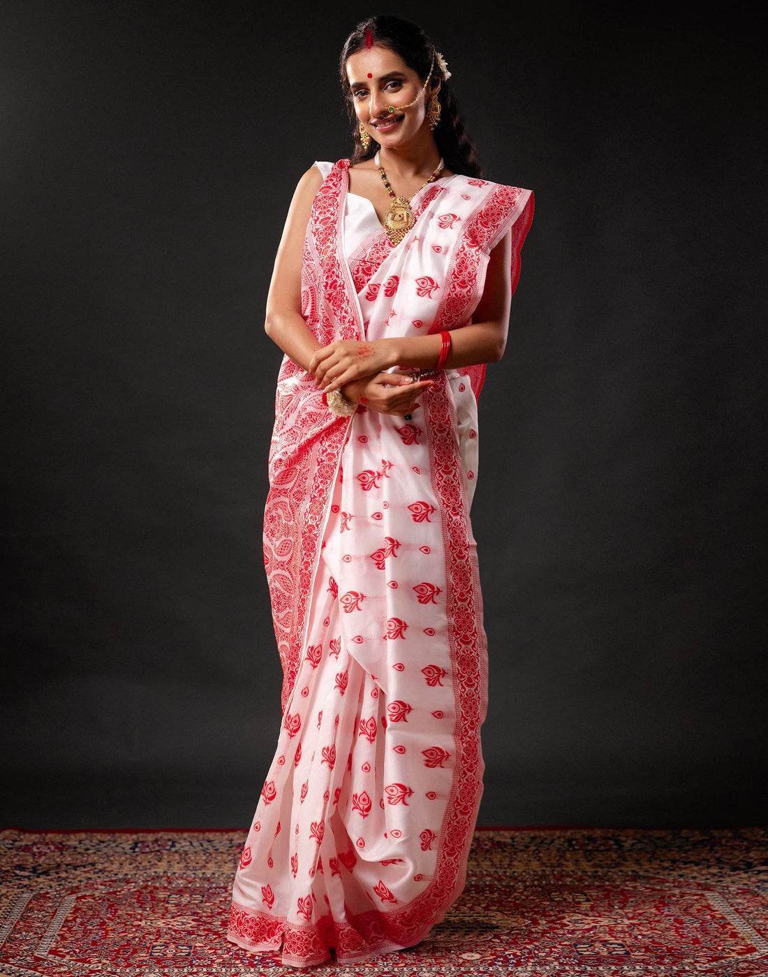 White Silk Woven Durga Puja Saree