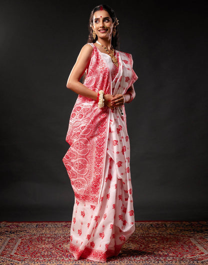 White Silk Woven Durga Puja Saree