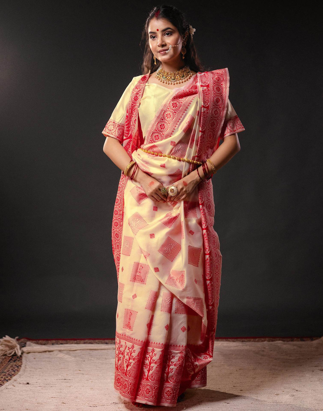 Cream Silk Woven Durga Puja Saree