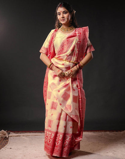 Cream Silk Woven Durga Puja Saree
