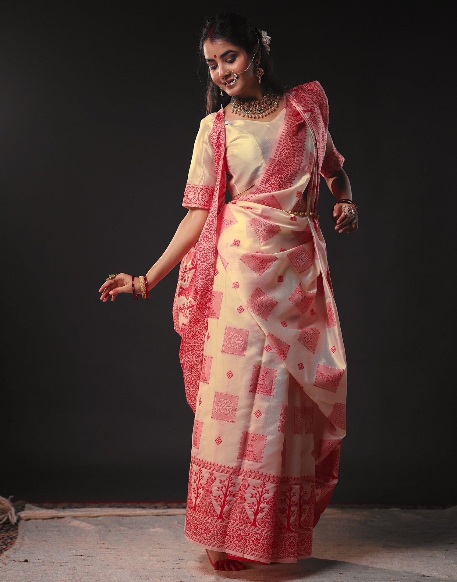 Cream Silk Woven Durga Puja Saree