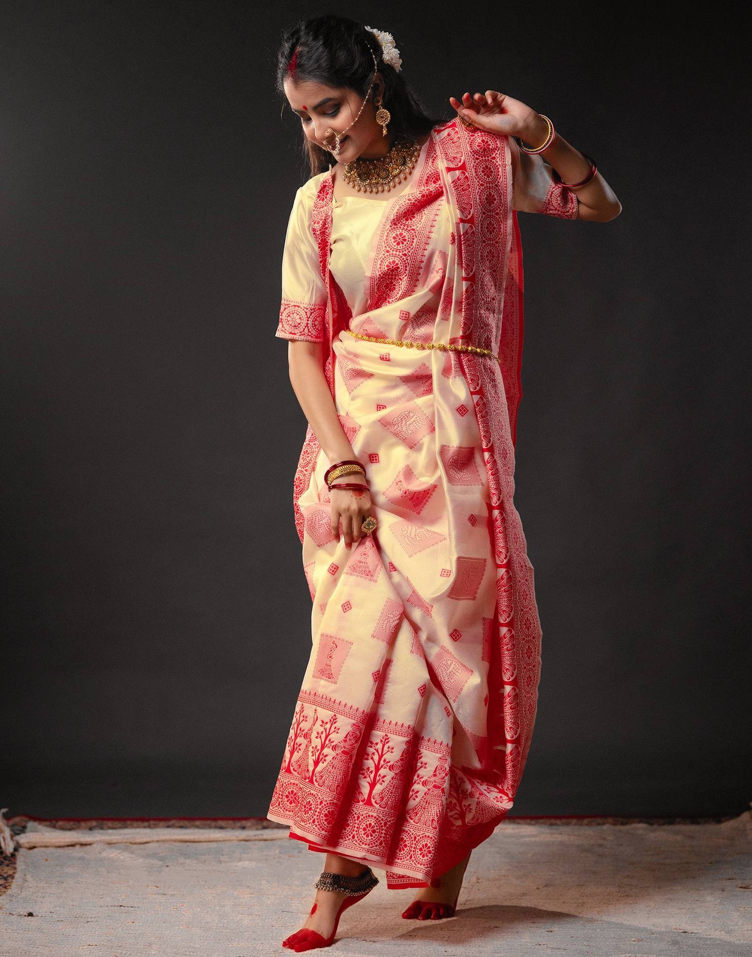 Cream Silk Woven Durga Puja Saree