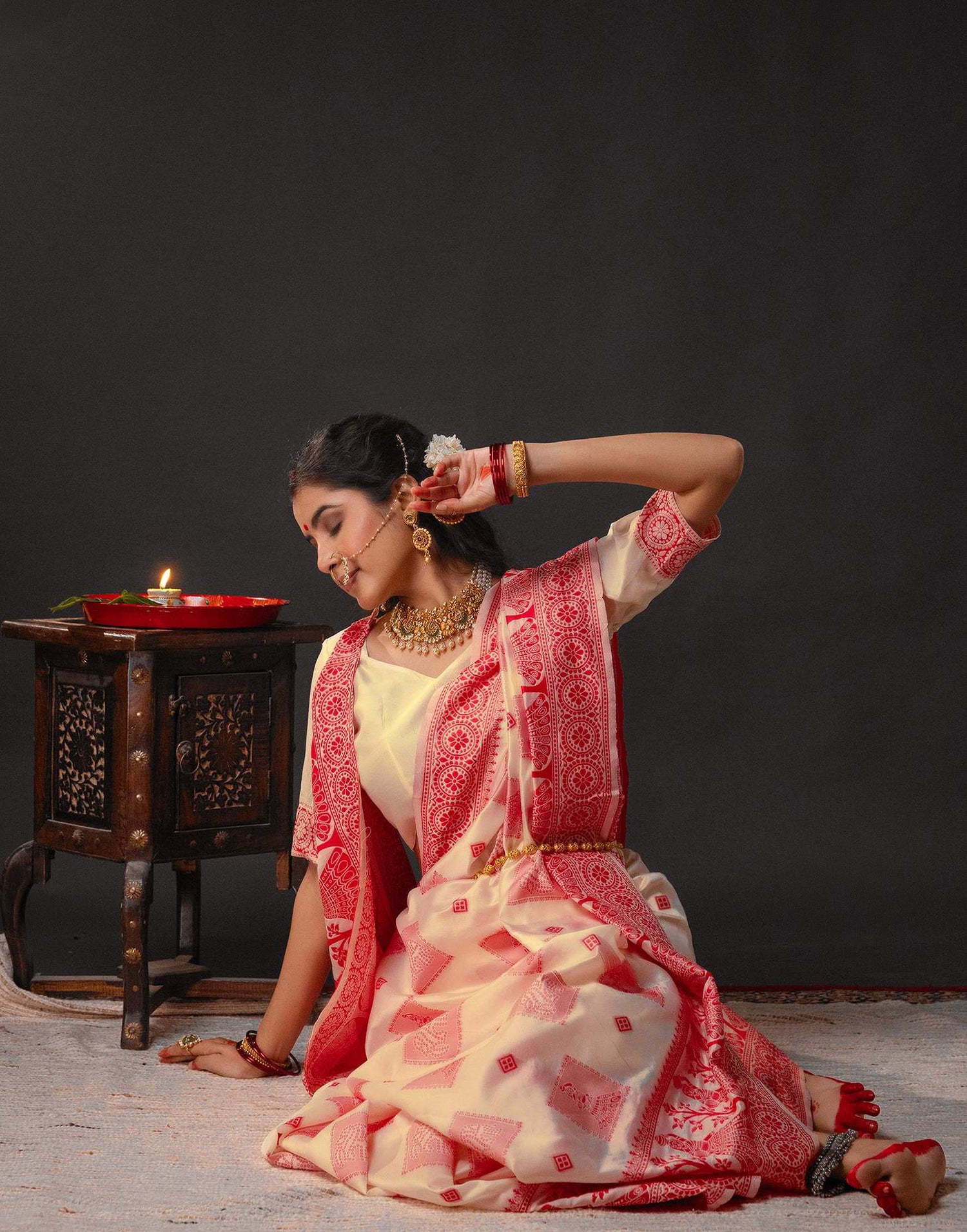 Cream Silk Woven Durga Puja Saree