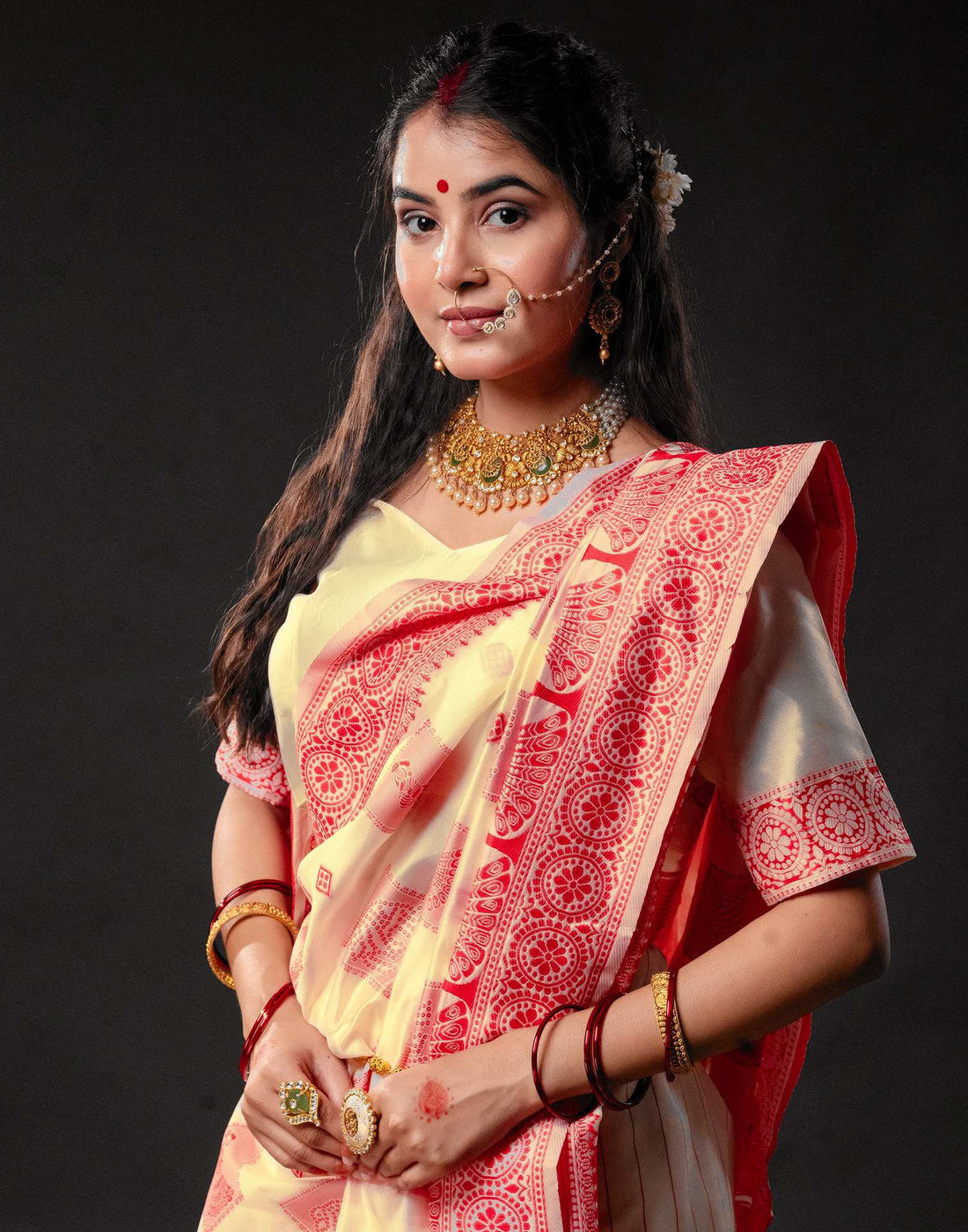 Cream Silk Woven Durga Puja Saree