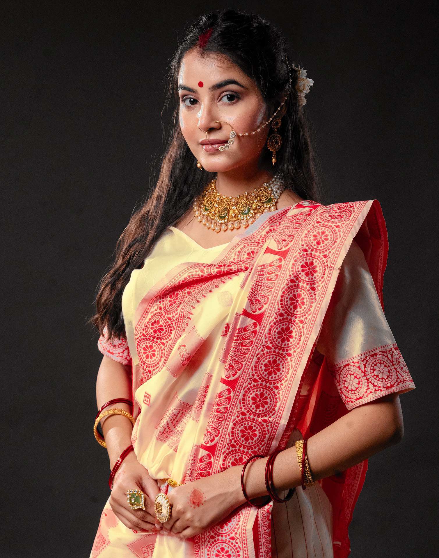 Cream Silk Woven Durga Puja Saree