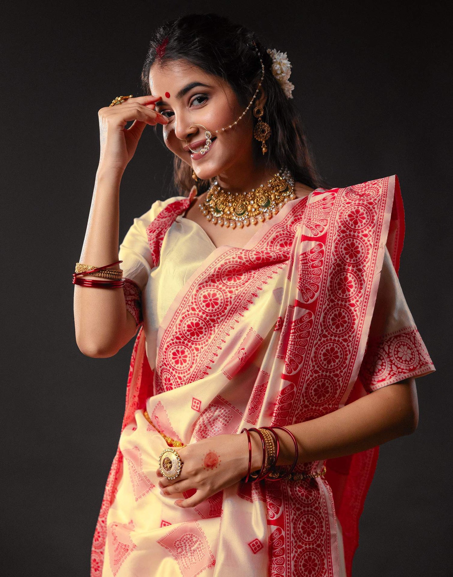 Cream Silk Woven Durga Puja Saree