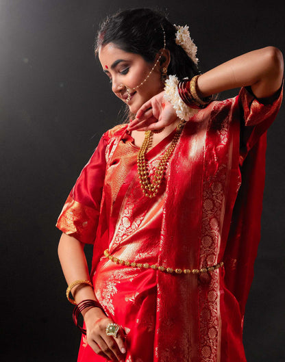 Red Silk Woven Banarasi Durga Puja Saree